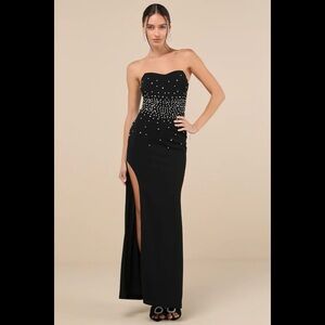 NWT LULUS Opulent Muse Black Rhinestone Strapless Bustier Maxi Dress